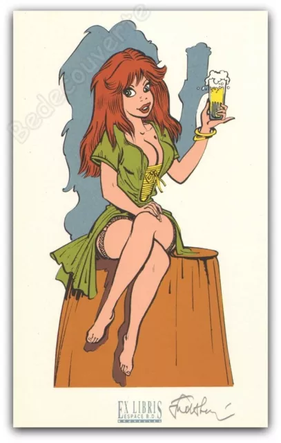 Ex-libris Sérigraphie François Walthéry Pin-up Bière Signé 15,9x25,8 cm