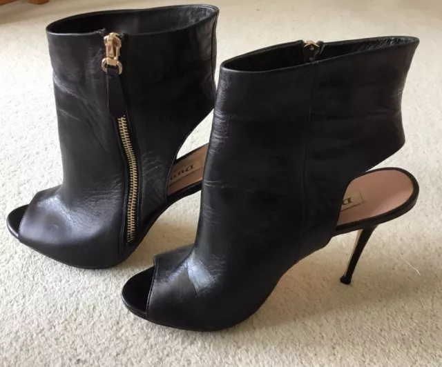 DUNE A PEEP Toe Backless Ankle Boots, Stiletto Heel,Black leather, Size ...
