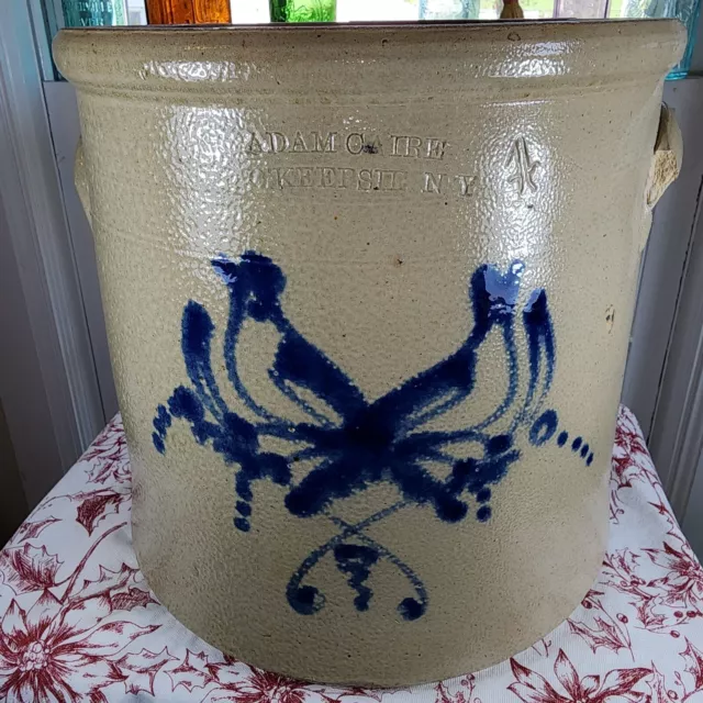 Antique Salt Glazed Stoneware "ADAM CAIRE * POUGHKEEPSIE NY" 2 HAPPY BIRDS Crock