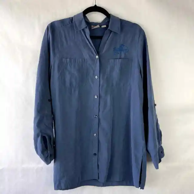 Chicos Button Up Top Long Roll Tab Sleeves Blue Womens Size 1 Large