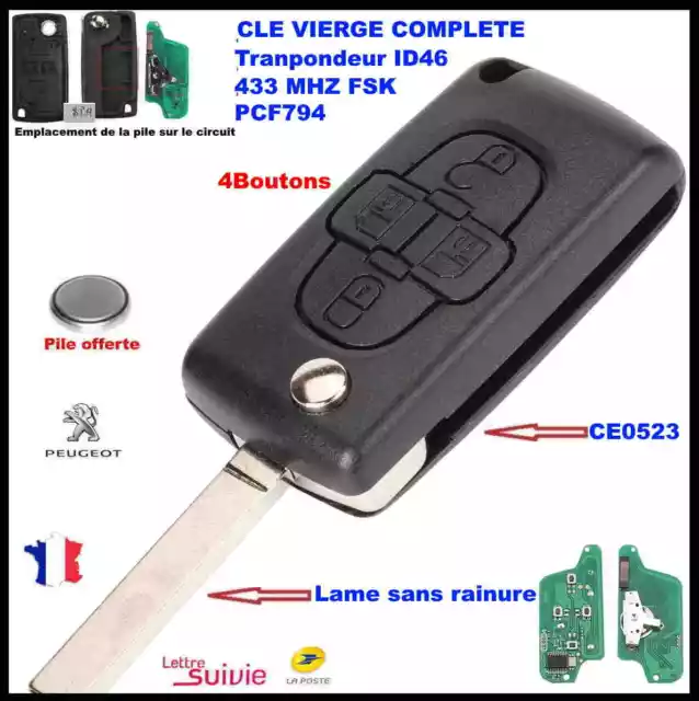 Cle Vierge Ce0523 Circuit Peugeot 807/1007 4Boutons Fsk 433Mhz Ss Rainure