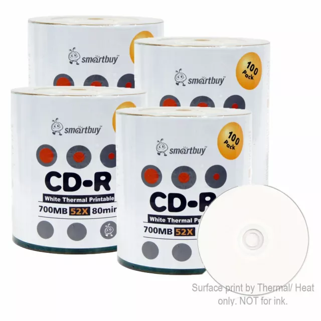 400 Smartbuy CD-R 52X 700MB/80Min White Thermal Hub Printable Recording Disc