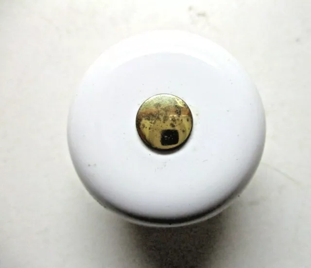 White Porcelain 1950s Cabinet Door Pull Knob Brass Stem & Rosette 1-1/2" Vtg MCM