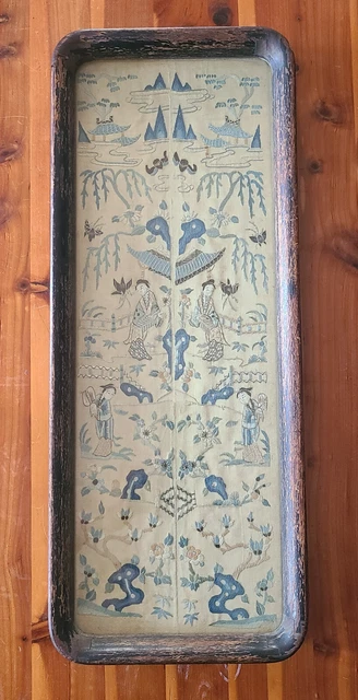Great Antique Chinese Qing 19th C Silk Embroidery Panel with Antique Frame - 20"