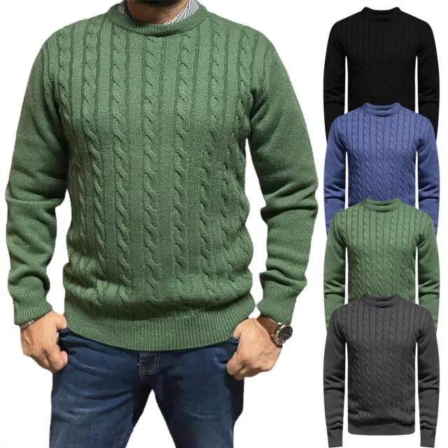 Ex-Store Mens Cable Knit Crew Neck Weave Fisherman Chunky Thick Jumper Pullover