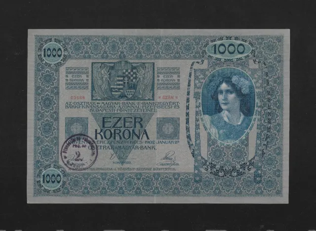 EF+ handstamp "Zagreb 2" for CROATIA 1919 on 1000 kronen 1902 AUSTRIA Hungary
