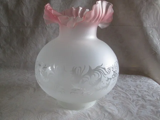 Vtg etched satin glass cranberry ruffle top oil lamp shade globe 4” fitter