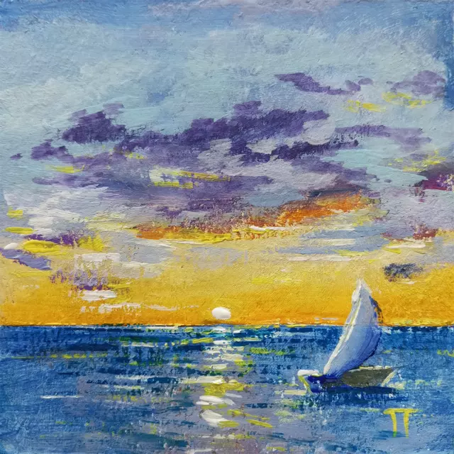 ACEO Original Painting Sunset Sea sailboat landscape skyscape cloud by JTar