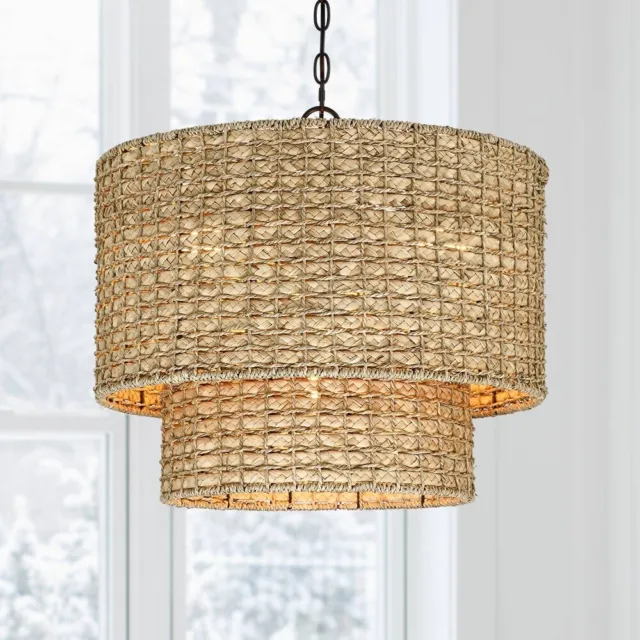 20 in. 4-Light Natural Rattan Traditional Drum Pendant Light Black/earthy 20 in.