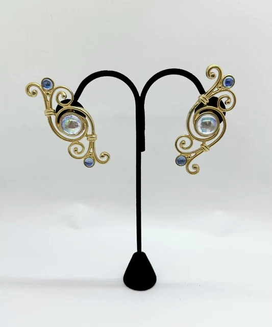 Vintage Ben Amun Gold Tone Iridescent Glass Art Deco Statement Clip On Earrings