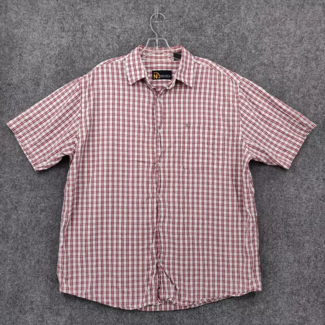 Nautica Shirt Mens L Large Button-Up Red Plaid Pockets Short Sleeves Cotton