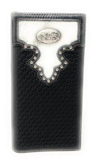 Western Men's Cow Fur Genuine Leather Basketweave Praying Cowboy Bifold Wallet