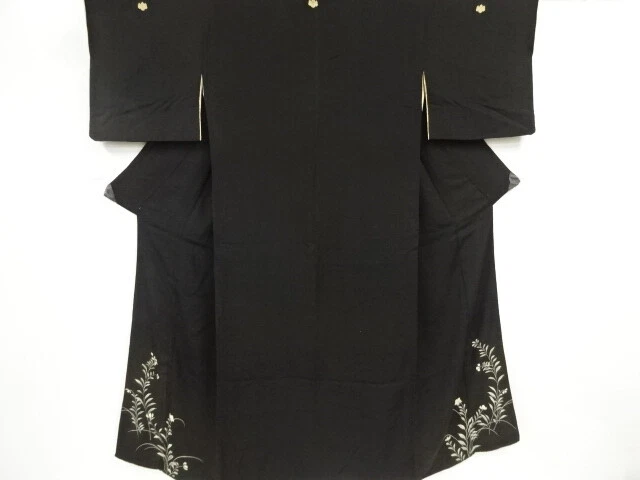 00585# Japanese Kimono / Antique Tomesode / Embroidery / Floral Plant