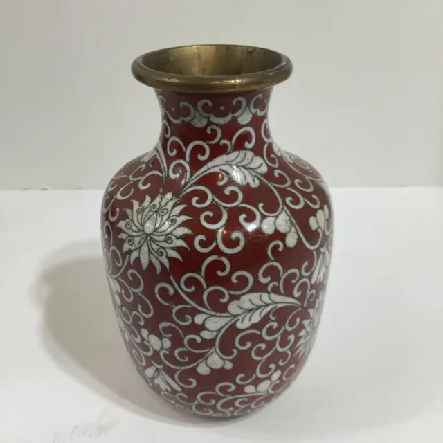 Antique Chinese Cloisonne Iron Red 5 1/4” Vase China 1920’s