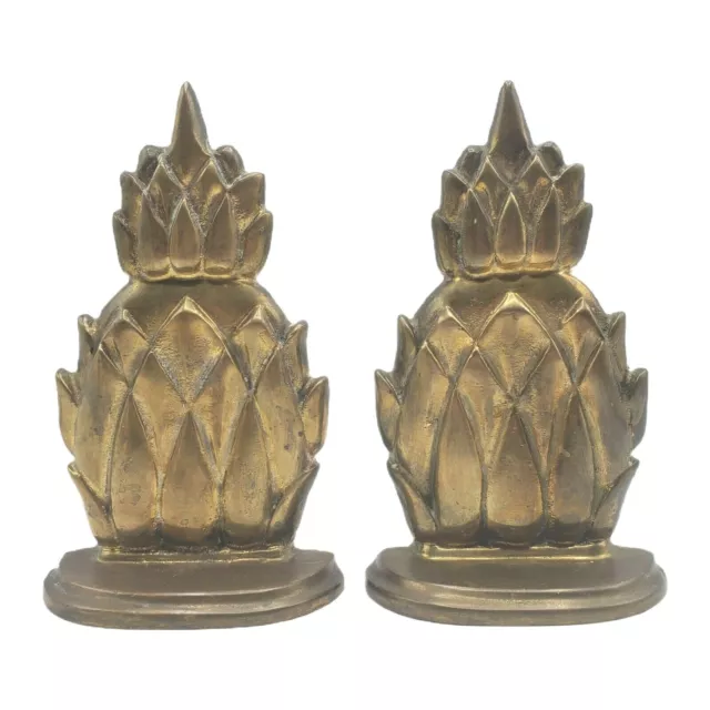 Vintage Brass Pineapple Artichoke Bookends 7" Pair Aged Patina