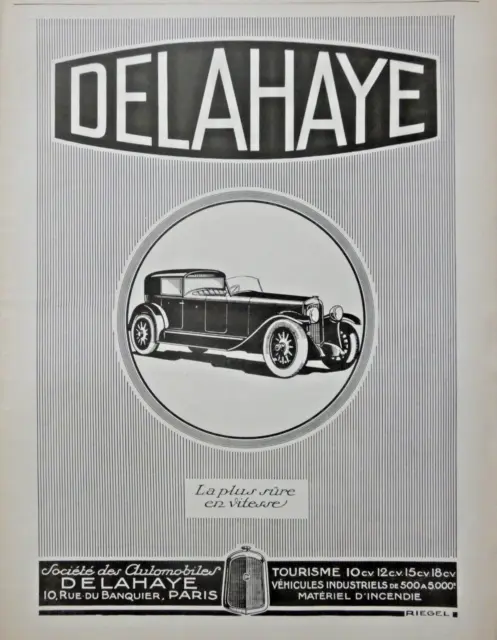 PUBLICITÉ DE PRESSE 1926 DELAHAYE automobile tourisme la plus sûre en vitesse