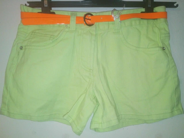 Pantaloncini nuovi con etichette Primark Young Size Age 11-12 anni verde lime con cintura arancione