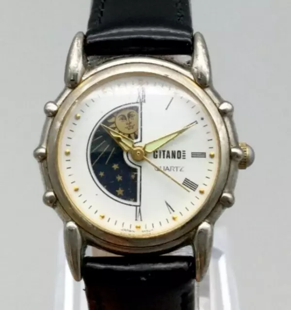 Vintage Gitano Moon Phase Watch Women 27mm Silver Tone Leather Band New Battery