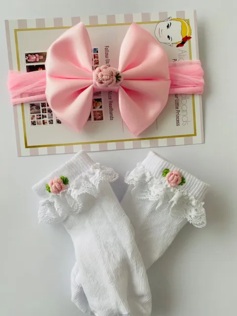 Baby Headbands With Matching Sock Embroidery Flower Set Newborn Girl Soft Band