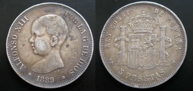 Alfonso XIII, 5 Pesetas Of 1889 Star 89, Silver Plated