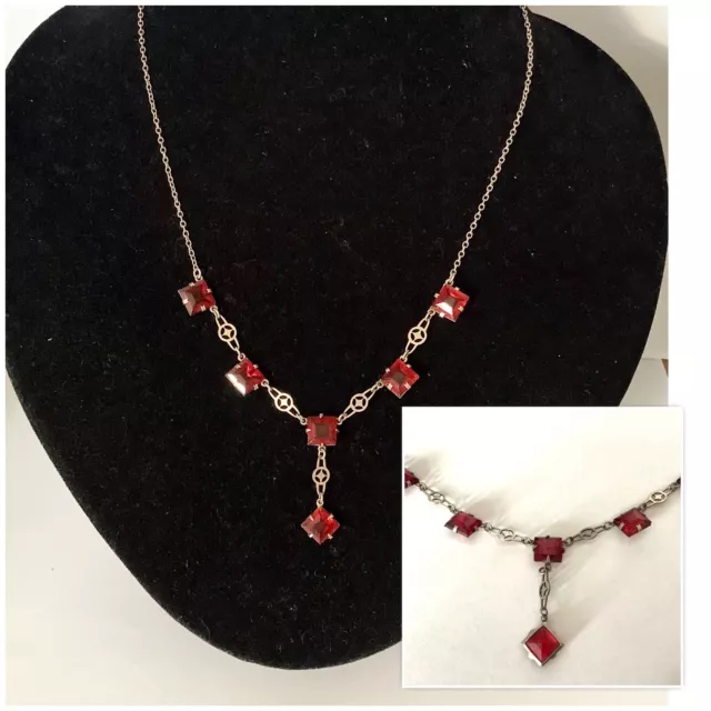 Vintage Jewellery Art Deco Silver Ruby Red Square Cut Crystal Glass Necklace