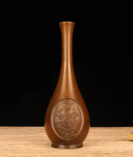 Chinese Old copper Handwork Antique Plum blossom vase statue 14th Century ming