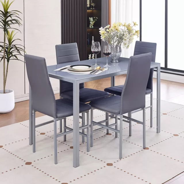 4pcs Grey Faux Leather Dining Chairs & Grey Glass Dining Table Dining Room Set