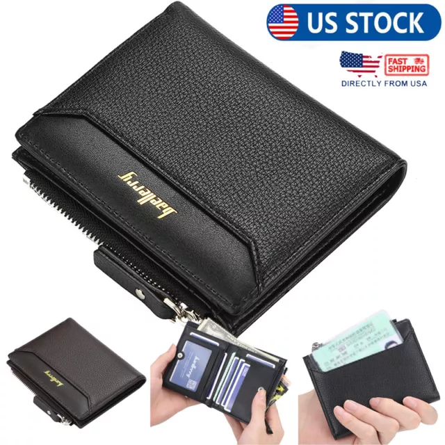 Mens Leather Wallet Bifold Pocket ID Credit Card Holder Clutch Zipper Coin Purse