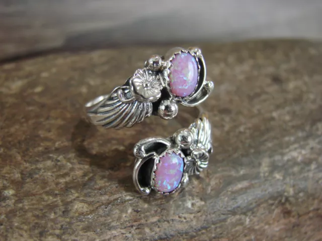 Navajo Indian Sterling Silver & Pink Opal Floral Adjustable Ring - Belin 3