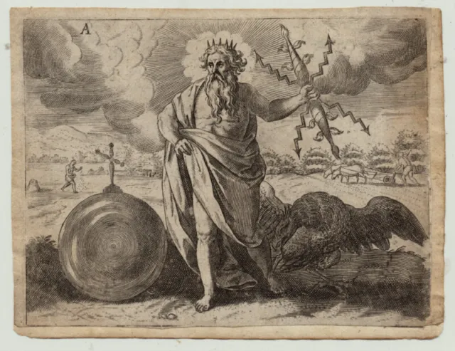 ZEUS Erde Kreuz Orig Kupferstich um 1580 (wohl von Gerard de Jode) Blitze Adler