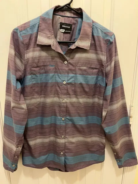 Marmot Button Down Shirt Womens Medium Purple, Aqua, White Long Sleeve Outdoor