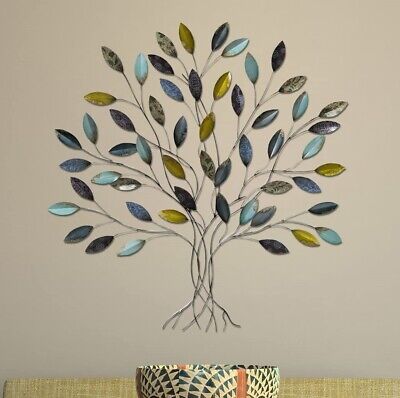 Rustic Whimsical Metal Tree of Life Wall Art Sculpture Home Decor Yellow/Blue