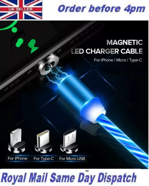 Neu 3 In1 360° Rund LED Streamer Magnetisch Ios Micro USB Typ C Ladekabel