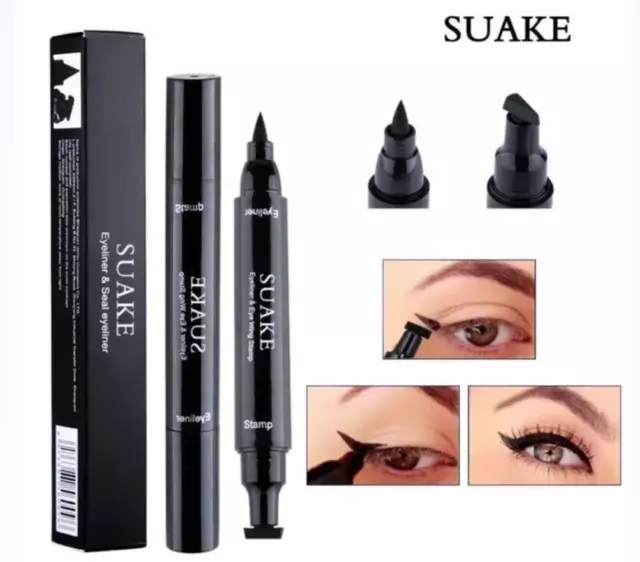 Winged Stamp Liquid Eyeliner Pen Waterproof Fast Dry Black Eye Liner Pencil 2in1