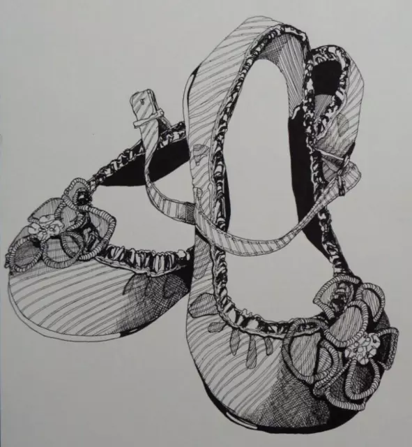 Original Stift & Tinte Zeichnung eines Paares Kinder Mädchen Schuhe mit Blume