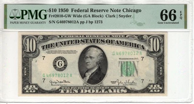 1950 $10 Federal Reserve Note Chicago Fr.2010-Gw Wide Pmg Gem Unc 66 Epq (012A)