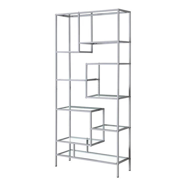 Bookshelf, Bookcase, Etagere, 72"H, Office, Bedroom, Metal, Tempered Glass, Grey