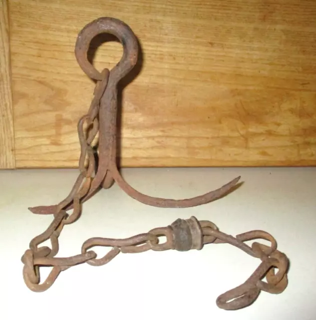 Antique Primitive Blacksmith Hammered Forged Wrought Iron 3 Prong Hook & Chain