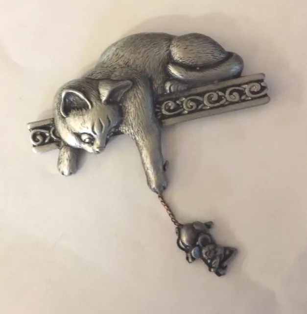 Vintage Silver tone Cat on ledge & Dangling Mouse ~ Marked JJ~  2 1/2"
