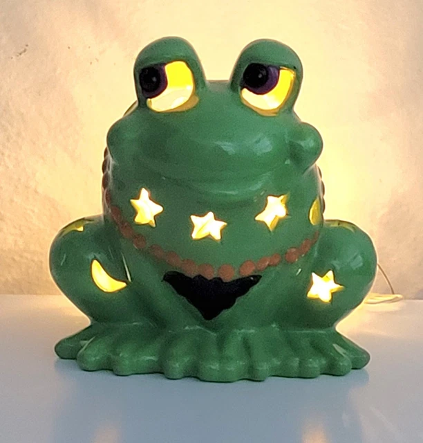 Ceramic Green Frog 6" Tall Candle Holder Halloween decor  black bat orange beads