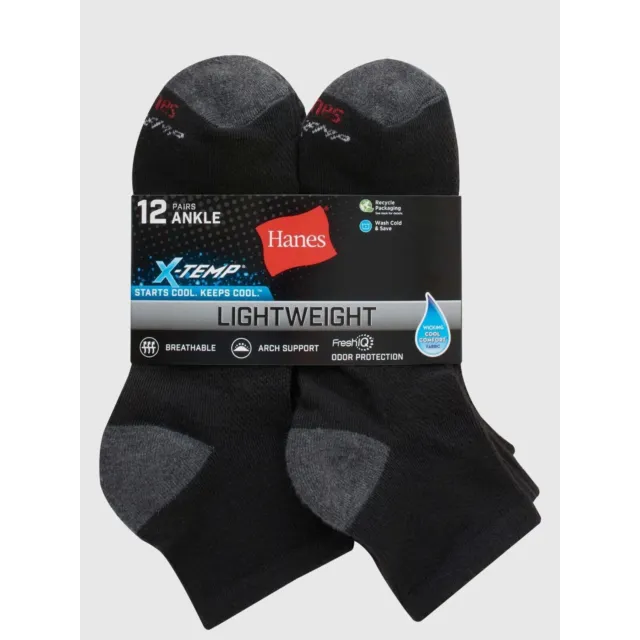 Hanes Men's X-Temp Active Cool Lightweight Ankle Socks, 12-Pack