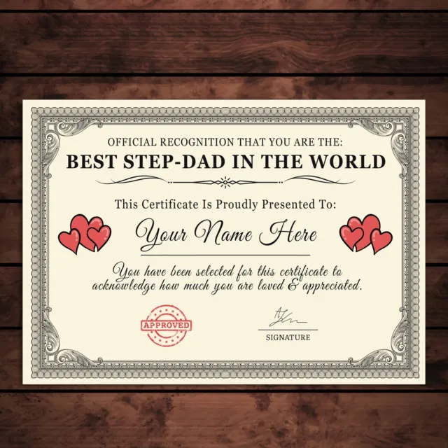 Personalised 'Best Step-Dad In The World' Certificates Gift/Print