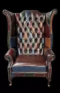 Large Chesterfield Highback / Taller & Wider Queen Anne Antique Patchwork Chair