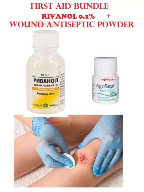 Antiseptic wound Powder 10g + Rivanol 0.1 100 ml. First Aid desinfection kit