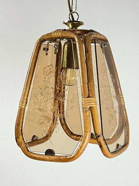 Lampadario Vintage in bambù e vetro di Murano inciso, anni '50