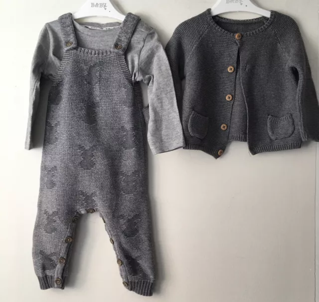 George Unisex Baby Strick Hase Latzhose & TU Top & Matalan Strickjacke 6-9 Monate 2