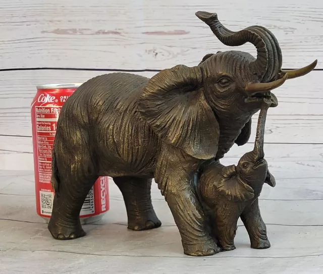 Elephant Mom with Her Cub by Lost Wax Bronze Sculpture Figurine Statue Decor 2