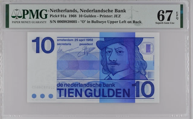 Imp Rre VERY RARE VARIANT of Netherlands 10 gulden banknote 1968, PMG67 - dot ...