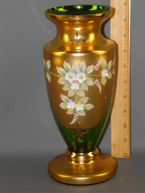 Czech Bohemian Egermann Gold High Enamel Green Crystal Art Glass Vase