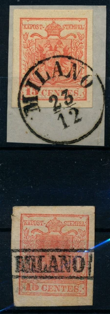 LOMBARDEI-VENETIEN 1850 15C, MP, Type III. und 15C, HP, Type II. Versch. MILANO